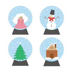 Poster - Vector set of snow globes with snowman, angel, fir tree, house. New Year decor items pack. Christmas tree toy isolated on white background. Cute winter Holidays balls for festive decorations..