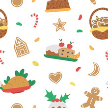 Vector Seamless Pattern With Traditional Christmas Desserts And Dishes. Cute Funny Repeating Background New Year Meal. Digital Paper With Winter Food..