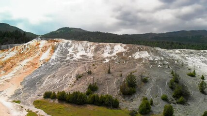 Sticker - Mammoth Hot Springs is Yellowstone�s only major thermal area located well outside the Caldera, aerial view. Slow motion