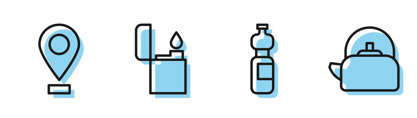 Poster - Set line Bottle of water, Location, Lighter and Kettle with handle icon. Vector.