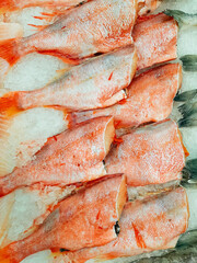 close up texture of fish meat in a market