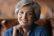 Close up portrait of smiling mature Caucasian grey-haired woman feel optimistic positive about healthy elderly life, profile picture of happy senior 60s grandmother in high spirit, healthcare concept