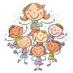 Leinwandbilder - Happy schoolkids with their teacher, school or kindergarten illustration