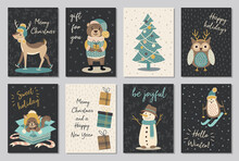 Set Of Modern Hand Drawn Christmas Gretting Cards Animals And Other Isolated Elements. Vector Illustration.
