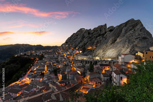 Panorama view of the beautiful village of Pietrapertosa and Castelmezzano on the Italian dolomites in southern Italy. Typical italian small village during a hot summer day.