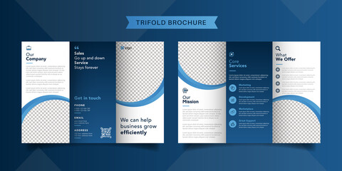 Corporate business trifold brochure template. Modern, Creative and Professional tri fold brochure vector design. Simple and minimalist promotion layout with blue color.