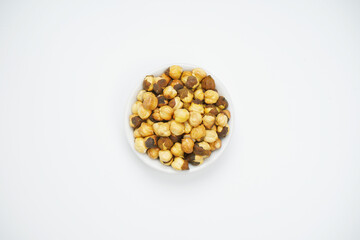 Wall Mural - Top view of roasted chickpeas isolated on white background, chana                        