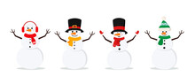 Set Of Christmas Snowmans Isolated On White Background. Cheerful Snowmen In Different Costumes And Scarf And Hat. Vector Illustration For Holiday Xmas And New Year.