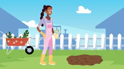 Wall Mural - afro woman gardening animation with wheelbarrow in the camp