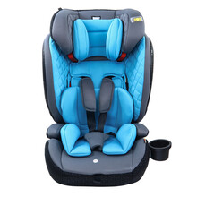 Blue & Gray Child Safety Seat Isolated On White Background. Side View Of Baby Carrier. Modern Restraining Car Seat With Side Impact Protection. Infant Restraint System. Travel Gear