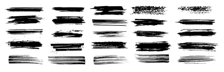 Fototapete - Thin and dirty brush stroke set. Grunge splashes stencil, very detailed texture and high quality manually tracked. Black ink splatter with brush strokes set. Silhouettes dirty liquid brushes. Vector