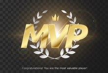 Gold Inscription MVP - Emblem Reward Most Valuable Player For GUI. PC, Consoles Or Mobile Gaming. Isolated Wreath With Crown And MVP Status For The Winner. Game Poster. Vector Illustration