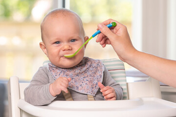 6 months old child eating from spoon.