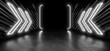 © Andrey Shtepa - A dark corridor lit by white neon lights. Reflections on the floor and walls. 3d rendering image.