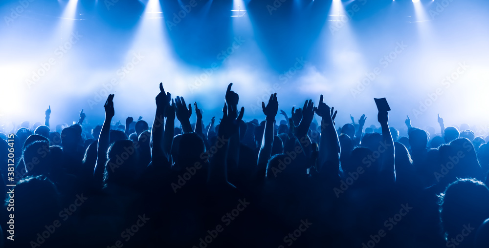crowd of people dancing in front of the stage at rock concert - obrazy, fototapety, plakaty 