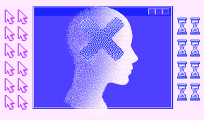 Wall Mural - Retrofuturistic poster with human head silhouette and user interface elements. Cover for Artificial Intelligence and Neural Network subjects.