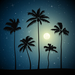 Sticker - landscape with palm trees on beach on moonlight night. blue mysterious background with full moon in 