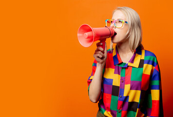 Sticker - Style blonde in 90s clothes and rainbow glasses with megaphone