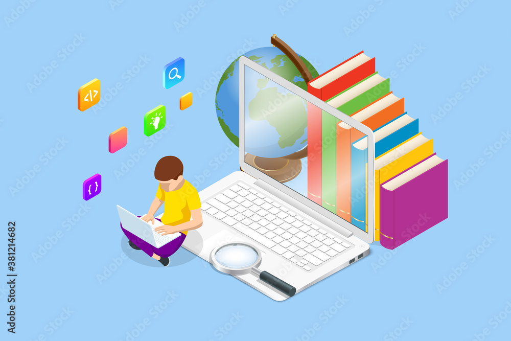 E-learning, Online Education at Home. Isometric concept for Digital ...