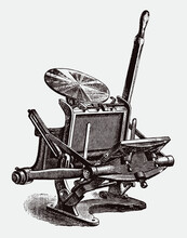Antique Hand-operated Platen Printing Press In Three Quarter View