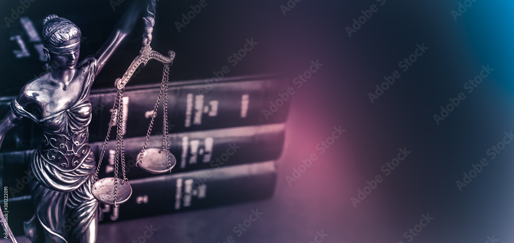 Legal law concept image Scales of Justice and case books on desk. - obrazy, fototapety, plakaty 