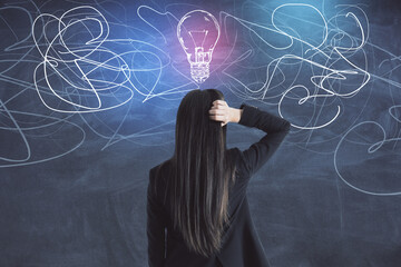 Poster - Businesswoman in suit looking on drawing  light bulb blackboard