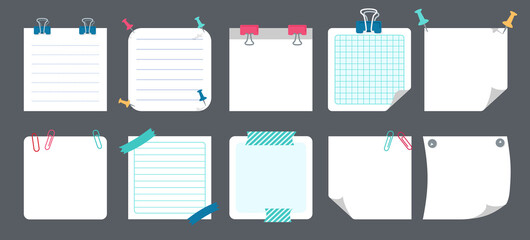 White paper sticky note set. Blank notes with elements of planning. Notebook collection with curled corners, push pins. Various tag business office, writing reminds. Isolated vector illustration