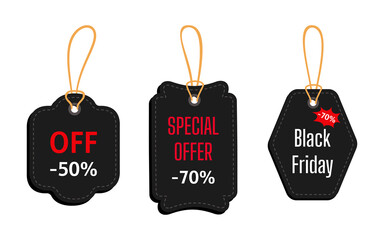 Wall Mural - Black Friday sale black tag template set. Different shapes. Big sale, special offer. Advertising price stickers banner, promotion price collection. Super discount. Isolated vector illustration