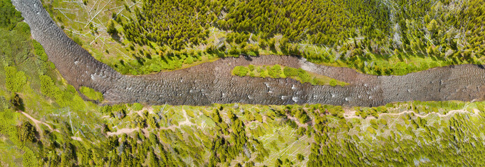 Canvas Print - Yellowstone River, Wyoming. Overhead downward panoramic view from drone