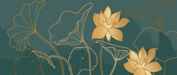 Wall Mural - Luxury Lotus background vector with golden metallic decorate 