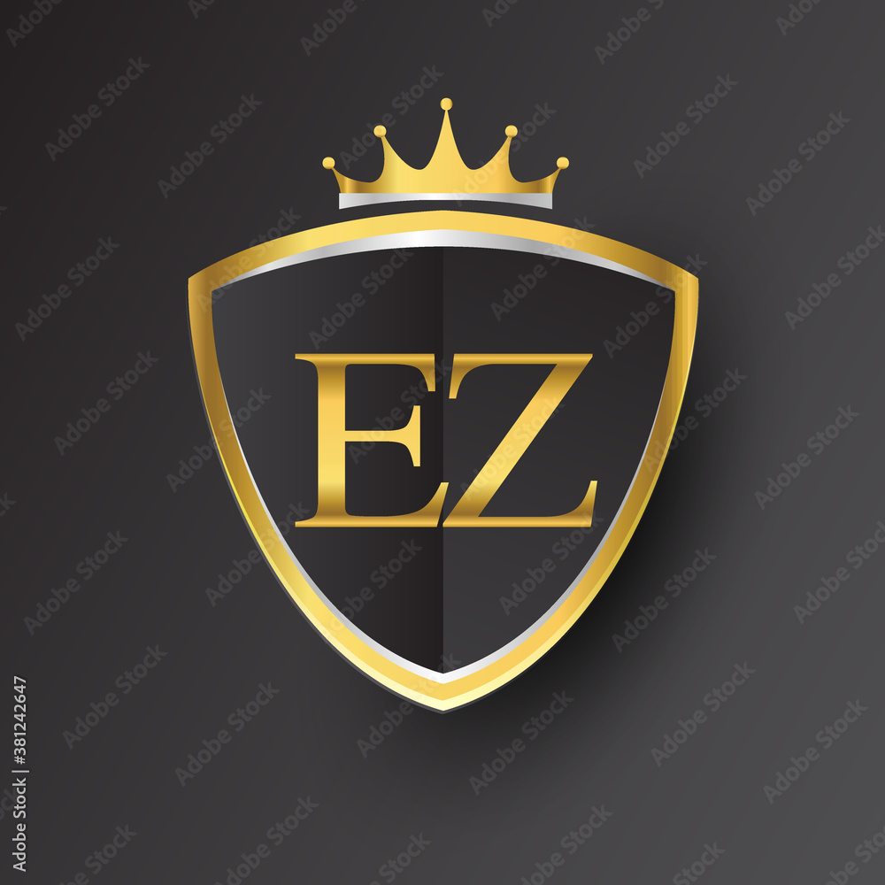 Initial logo letter EZ with shield and crown Icon golden color isolated ...