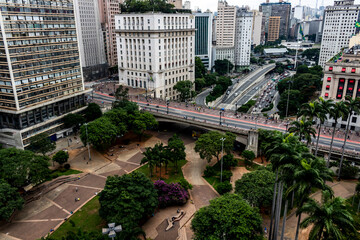 Wall Mural - Sao Paulo, Brazil, march 27, 2017. Aerial view of Anhangabau Valley, Tea Viaduct and city hall in downtown Sao Paulo.