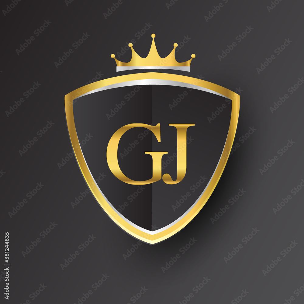 Initial logo letter GJ with shield and crown Icon golden color isolated ...