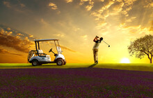 Woman Professional Golfer Standing On Golf Course Near Golf Cart With Sun Sky Background