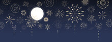 Fireworks, Firecracker At Night With Full Moon. Cartoon Style. Festival Of Fireworks Simple Style On The Night Sky. Vector Illustration.