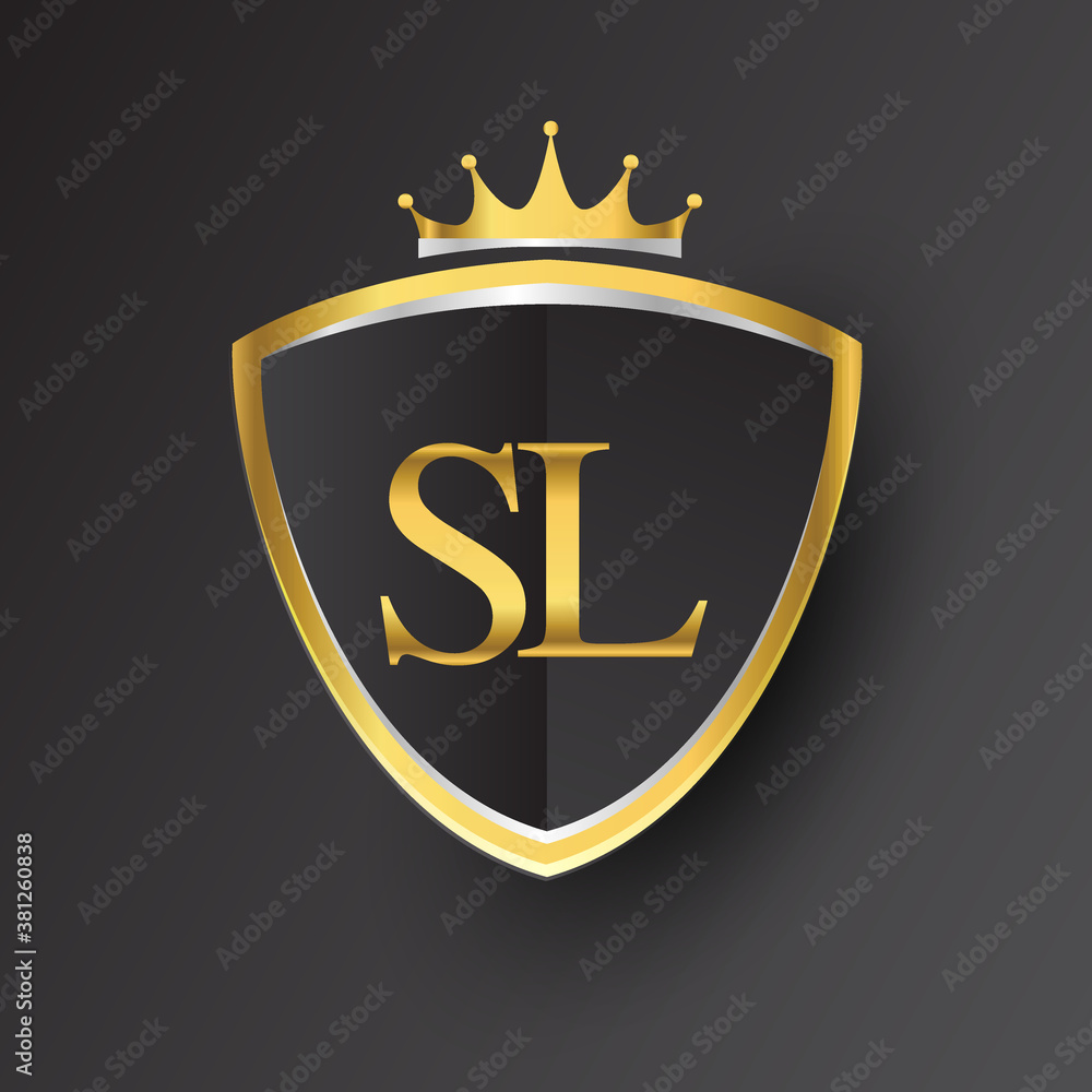 Initial logo letter SL with shield and crown Icon golden color isolated ...