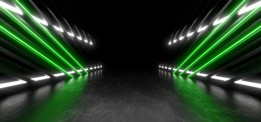 Wall Mural - A dark corridor lit by colorful neon lights. Reflections on the floor and walls. 3d rendering image.