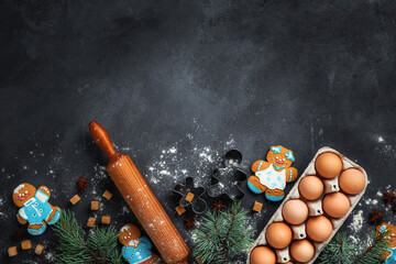 Poster - Christmas gingerbread on dark background top view. Holiday celebration and cooking concept