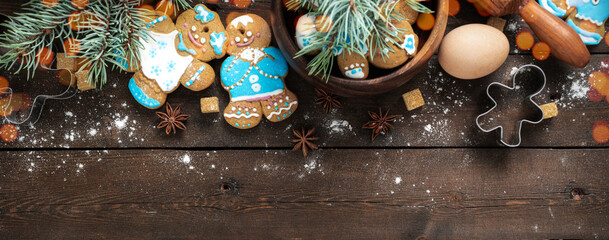 Poster - Ingredients for cooking Christmas cookie man on wooden background top view