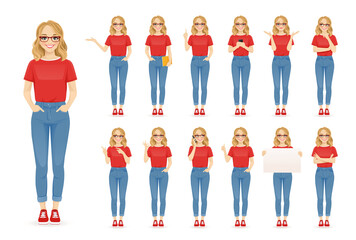 Wall Mural - Young woman with glasses in casual style clothes set different gestures isolated vector illustration