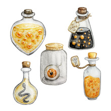 Watercolor Set Of Vintage Bottles With Liquid And A Bottle With An Eye