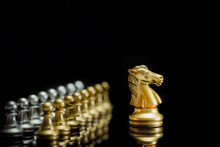 Golden Chess Knight Pieces Playing Game And Strategy. Concept Of Leadership And Success