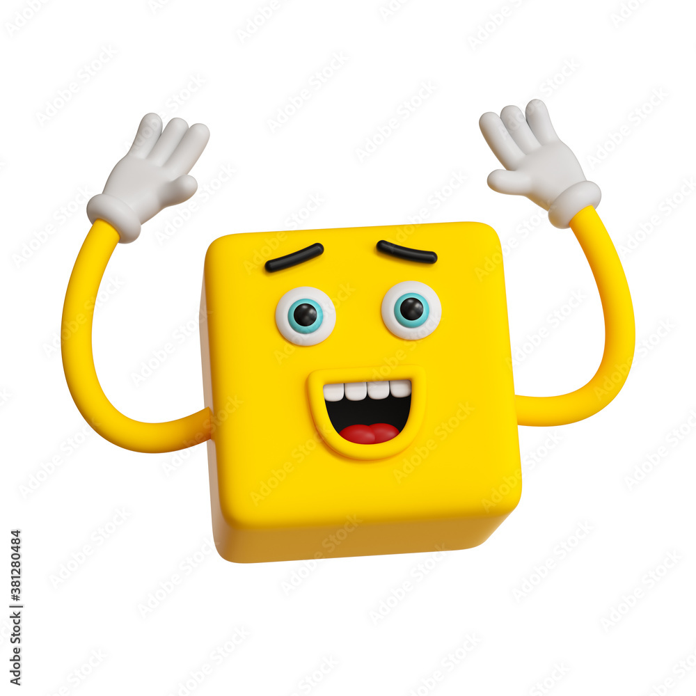 3d render, abstract emotional face icon, yellow emoticon clip art isolated  on white background. Exited character illustration, funny cartoon monster  hands up, square emoji, cute silly cubic toy Stock Illustration | Adobe, image size:1000x1000