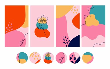  Editable story templates and highlights covers set. Vector layouts with hand drawn organic shapes, textures botanical elements. Abstract backgrounds. Trendy design for social media marketing