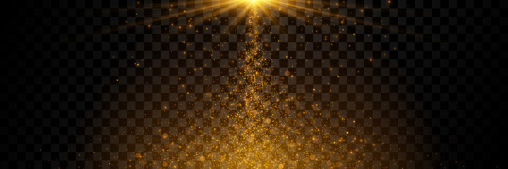 Wall Mural - Vector isolated golden light effect.  Gold particles, glowing bokeh lights on dark transparent background	