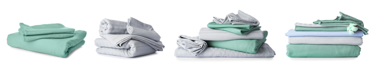 Stack of clean bed sheets on white background