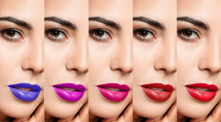 Canvas Print - Set of beautiful young woman with different lipsticks, closeup