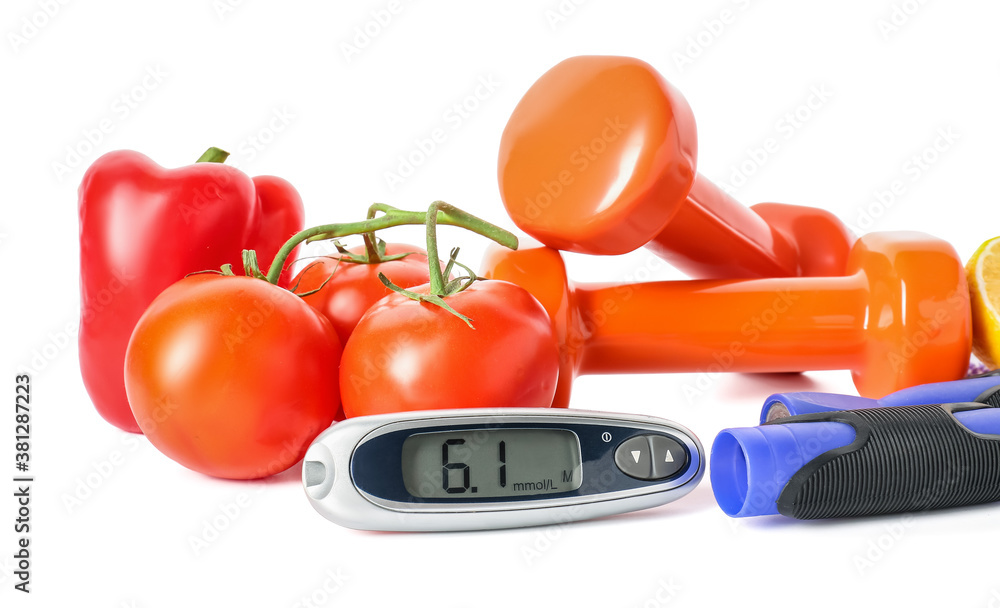 Vegetables, sports equipment and glucometer on white background. Diabetes concept
