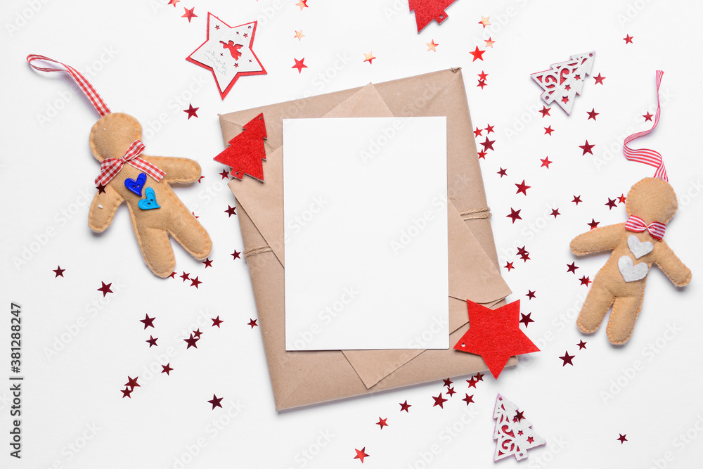 Beautiful Christmas decorations with empty card on white background