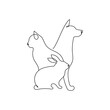Continuous one line drawing. dog, cat and bunny logo. Pet shop design. One line art vector illustration.